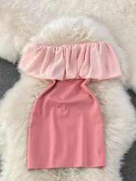الفساتين غير الرسمية الفرنسية الوردي بوندكون مصغرة فستان نساء مثير قبالة كتف لوتس المرقعة للحفلات بلا حمال