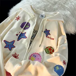여성용 후드 셔츠 셔츠 대형 레트로 스트리트웨어 픽셀 패턴 인쇄 스웨트 셔츠 여성 지퍼 후드 펑크 후드 재킷 자수 y2k 옷 230311