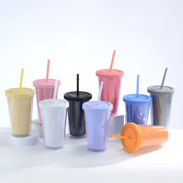 Gobelets en plastique à coque transparente de 16 oz, tasse de paille en plastique à double paroi colorée, large bouche avec couvercle et pailles, couleur bonbon, tasse réutilisable par mer T9I002256