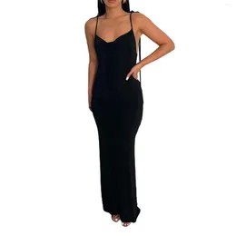 Casual Dresses Women Open Back Slip Dress Solid Color Spaghetti Strap Floor Length Skirt Black/ Beige/ Blue