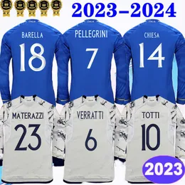 2023 Италия Верратти Мужские футбольные майки сборной Pinamonti Totti Raspadori Chiesa Barella Bonucci Home Blue Away Football с длинным рукавом