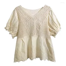 Women's Blouses Women Puff Half Sleeve Lace Blouse Hollow Crochet Knit See Through V-Neck Shirt Embroidery Floral Beach Flowy Peplum Top