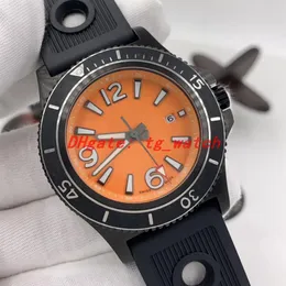 New Mens 시계 자동 시계 오렌지 페이스 블랙 스틸 케이스 고무 스트랩 기계식 캘린더 패션 손목 시계 314I