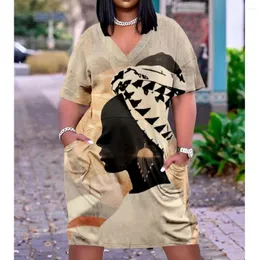 Abiti casual Vestitido Midi Nativo Para Mujer Bohemio 3D de Fiesta Africano con letras Sexy Hasta la Rodilla Escote en v