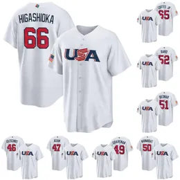 2023 USA World Baseball Classic Jersey WBC 66 كايل هيجاشيوكا 65 نيستور كورتيس جونيور 55 ريان بريسلي 52 دانيال بارد 51 ديفيد بيدنار 50 آدم وينرايت 49 كيندال جرافيمان