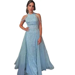 Luxury Sky Blue Prom Dresses With Detachable Train Beading A Line Celebrity Gown Sequin Overskirt Arabic Dubai Robes