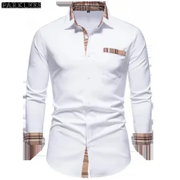 Camisas casuais masculinas parklees 2023 outono xadrez retalhos formal para homens magro manga longa branco botão acima camisa vestido de negócios escritório camisas 230313