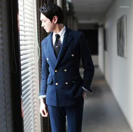 メンズスーツスーツパンツ爆発モデル韓国のカジュアルメンズダブルブレストメンスリムストレッチブルービジネスウェディングドレスグルームマン