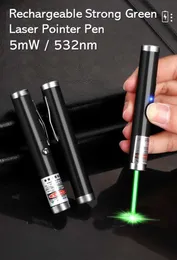 5MW Recarregável poderoso 532nm Green Pointer Pen / caneta a laser com cabo USB (preto)