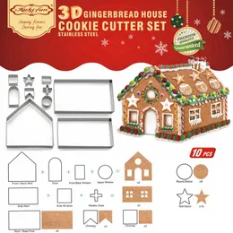 Strumenti di cottura Pasticceria 10pcs 3D Gingerbread House Acciaio inossidabile Scenario natalizio Formine per biscotti Set Stampo per biscotti Fondente Taglierina