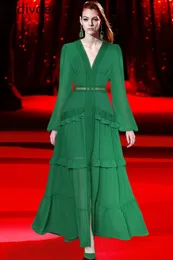 캐주얼 드레스 Gedivoen 패션 디자이너 드레스 가을 여자 드레스 V-Collar Lantern Sleeve Hollow Ruffles 캐주얼 녹색 맥시 드레스 230313