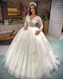 Luxury Ball Gown Wedding Dresses Long Hermes V Neck Sequins Applices Ruffles 3D Lace Pearls Zipper Brudklänningar Formell klänning Plus Size Custom Made Vestido de Novia