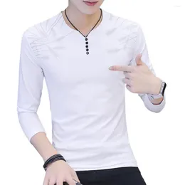 남자 T 셔츠 남성 풀오버 슬림 한 한국 스타일 일일 마모 버튼 목선 안티 필링 티셔츠 남자베이스 탑 홈