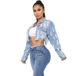 Women's Jackets Women Denim Jacket Sexy Ripped Hole Tassel Coats Casual Loose Turn-down Collar Long Sleeve Cropped StreetwearWomen's