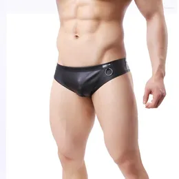 Unterhosen Sexy Unterwäsche Männer Slips Shorts Schwarz Kunstleder Niedrige Taille T Hosen Mann U Konvexen Beutel Cueca Calzoncillos M L XL