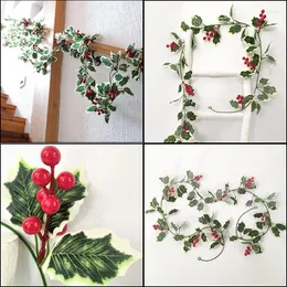 Flores decorativas 200 cm de azevinho artificial folhas de bagas vermelhas videira vinha de natal Garland e arbusta de natal, ornamentos pendurados em casa