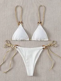 Badkläder sexig bikini set söt vit vanlig ring länkad spaghetti rem triangel thong biquini baddräkt badkläder kvinnor baddräkt b0 230313