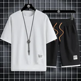 Men's T-Shirts Summer Men's Set Waffle T-Shirt Shorts Tracksuit Mens Streetwear Short Sleeve 2 Pieces Set Casual Men Sports Suit Clothing 230313