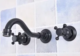 Смеситель раковины для ванной комнаты настенная крепление черное масло втирать бронзовый бассейн широко распространенный двойная ручка тщеславие для тщеславия LSF500