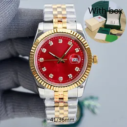 Diamond Watch Red Dial Sapphire Mirror 41mm 자동 메커니즘 36mm Ladies Fashion Luxury Watch 904L 스테인리스 스틸 스트랩이있는 방수 손목 시계