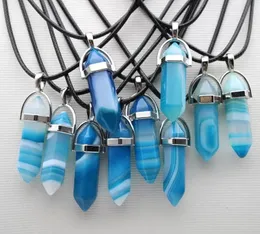 Natural Stone Hexagonal Prism Forma Stripe Agate Pendant Halsband Reiki Healing Crystal Charms Halsband för kvinnors smycken C001