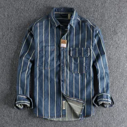 Men's T-Shirts Autumn custom woven striped washed used denim shirt men's work style American retro trend youth shirt 230311