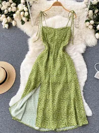 Vestidos casuais zcwxm praia vestido verde verão feminino backless uma linha em estilo francês zíper damas slim chiffon boho midi