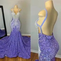 Sexy Lavender Mermaid Prom Dresses Black Girls Crystal Rhinestone Pauspecuti