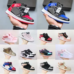 Jumpman 1 High Kids Shoes Boys Girls Royal Blue Patent Bred Sneakers Kids Walking Toddler Sports Retro Basketball Shoes 1s Outdoor Young Trainers Shoe