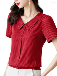 Женские блузки 5XL, большие размеры, женские весенне-летние рубашки, женские модные повседневные топы Blusas с коротким рукавом и отложным воротником в полоску WY0598