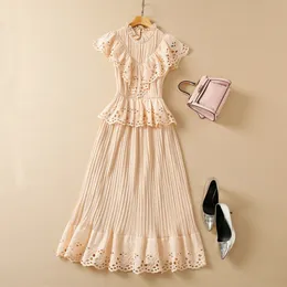 Summer Sleeveless Round Neck Dress Apricot Solid Color Embroidery Pleated Mid-Calf Ruffle Elegant Casual Mermaid Dresses 22Q042324