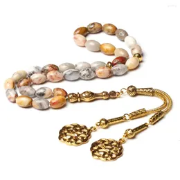 Strand Natural Bamboo Agate Tasbih Gold Tassel Muslim Rosary Bracelet Gfit Oval Stone 8 12mm Islamic 33 Prayer Beads Arabic Misbaha
