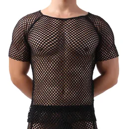 Мужские футболки Мужские сексуальные сетки прозрачные рубашки с коротким рукавом ночной клуб чистые топы костюм рыбная сеть 230313