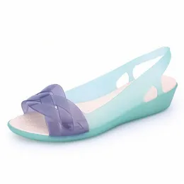 Rainbow Sandals Jelly Shoes Women Wedges Sandalias Woman Sandal Summer Candy Color Peep Toe Bohemia Beach Sweet Slipper Shoes Girl 89Ci#