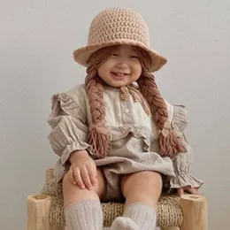 Kapaklar şapkalar çocuklar bebek kız çocuk şapka saç örgülü peruk kapağı kış sıcak örme patchwork çocuk kızlar şapka ve kapaklar Kore tarzı 230313