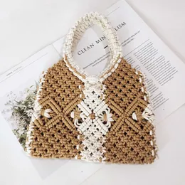 Cotton Cord Woven Bag Women's Portable Cute Small Bag Ins-style Hollowed-out Net Bag Beach Holiday Bag 230313