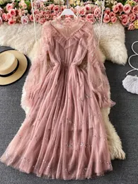 Casual Dresses ZCWXM Women Pink Long Sleeve Party Dress Fall Cloting Slim Sexy Ruffle Edge Bright Silk Vintage Mesh