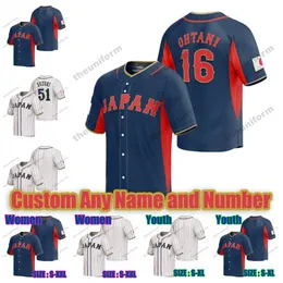 Японский бейсбольный трикотаж World Baseball Classic 16 Shohei Ohtani 51 Ichiro Suzuki 11 Yu Darvish 2023 Custom Мужчины Женщины Молодежные трикотажные изделия Размер S-5XL