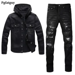 2023 Tracksuit Punk Street Black Jeans Sets For Men Spring Hooded Denim Jacket and Ripped Patch Stretch Pants Vintage 2pcs Men's Clothing