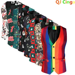 Mens Vests Fashion Print ärmlös tankrock för mens singelbröst vcollar väst tillgängligt i 23 färger för män julväst 230313