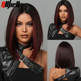 Synthetic Wigs Medium Length Chestnut Brown Middle Part Wine Red Highlights Straight Wig Heat Resistant for Women Party Cosplay 230314