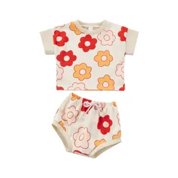 مجموعات الملابس 0-3.5ycute Baby Girls Clothing الصغار الصيفية الإبداعية للطباعة زهرة التصحيح جولة جولة الأكمام القصير مجموعة 230313