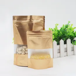 100st Gold Embassed Standing Packaging Zipper Ziplock Bag med Clear Window Resesleable Packing Mylar Golden Pouch Bags Kvalitet