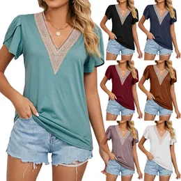 Womens Summer Casual V Neck Petal Sleeve T-Shirts Basic Tops 2303142