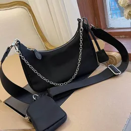 Kvinnliga lyxdesigners nylonväska med bokstäver duk axel handväska lady tote kedjor handväskor messenger väskor 3 stycken mynt