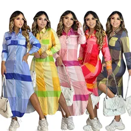 Maxi Elbiseler Kadınlar İçin Düğme Uzun Gömlek Elbise Izgara Baskı Yakası Boyun Partisi Elbise Günlük Uzun Kollu