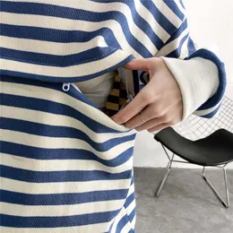 Maternity Tops Tees Blue Striped Loose Sweatshirt Pullover Breastfeeding Clothes Autumn Cotton Jacket For Nursing Mothers Maternitty 3776B 230313