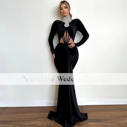 Abaya Black Mermaid Prom Dress Velvet Long Sleeves 2k23 여성용 중동 파티 가운을위한 공식 행사 드레스