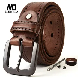 Bälten Medyla Natural Leather Belt Meny Hard Metal Matte Buckle Men's Original Leather Belt 105-150cm Jeans Belt Skruv Tillbehör 230314