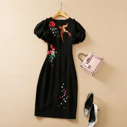 Summer Short Sleeve Mid-Calf Dress Round Neck Black Floral Embroidery Bird Sequins Eleganta Casual Dresses 22Q151638